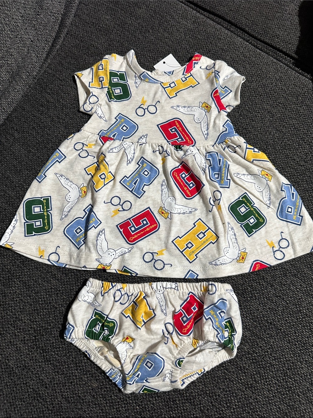 Girls' Cream Alphabet & Owl Print Dress with Matching Bloomers